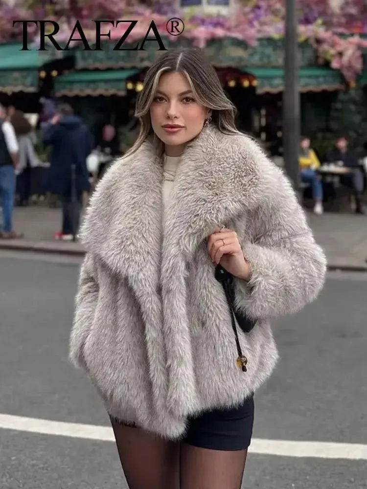 TRAFZA Women Elegant Faux Fur Coat Warm Fluffy Loose Long Sleeve Lapel Jacket Autumn Winter Fashion High Street Lady Outerwear