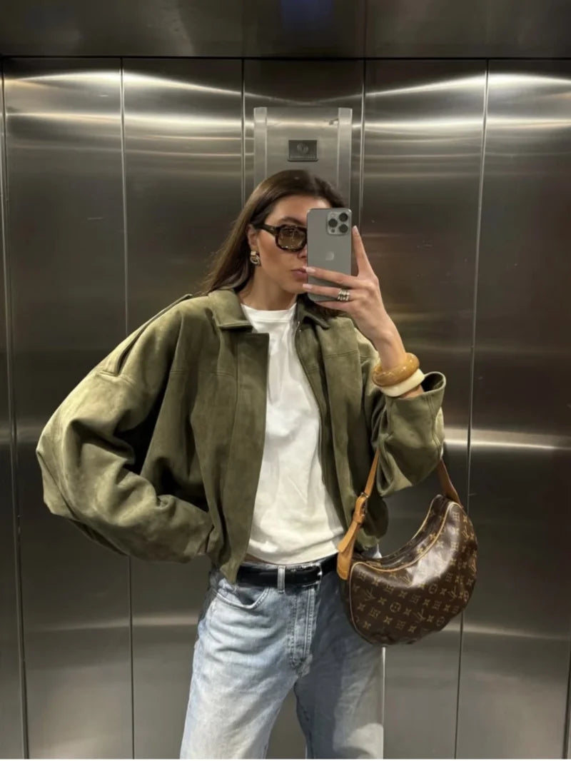 ETJ 2025  Spring new women's suede texture effect Loose version of fashion lapel shoulder bomber jacket